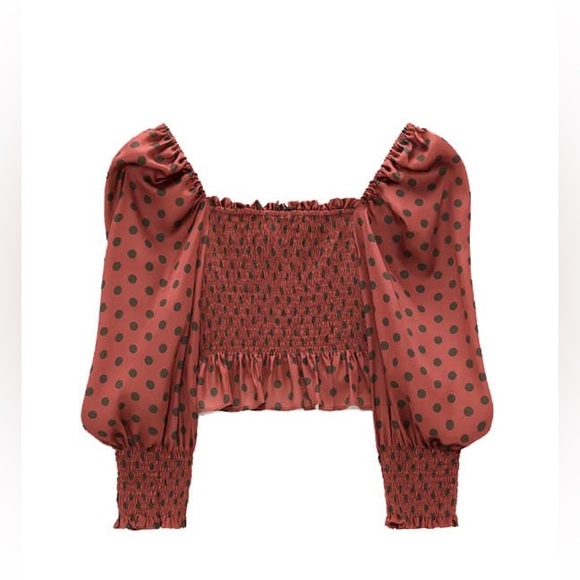 ♥️ ZARA Bloggers Fav Silk Cropped Blouse. Red Polka Dot. MED. Excellent Cond! - Picture 5 of 8